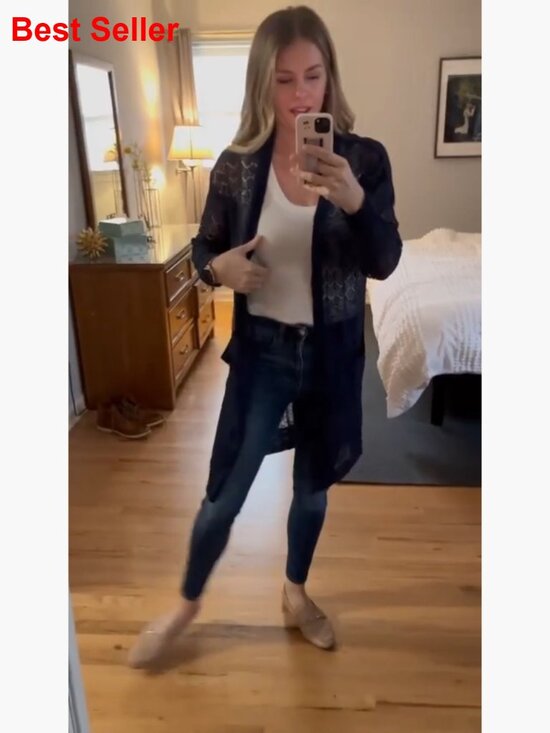 Lightweight Crochet Open-Front Cardigan Sweater with Pockets - Picture 7 of 7